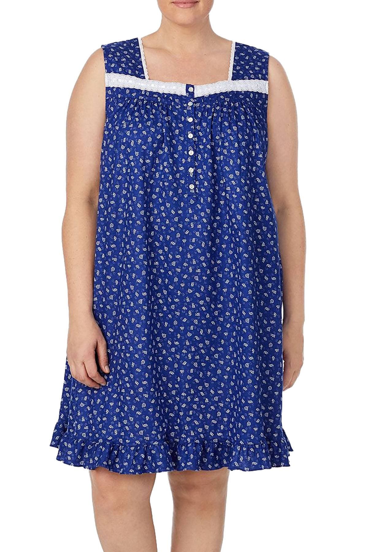 Eileen West PLUS Eyelet Trim Printed Cotton Knit Nightgown in Navy
