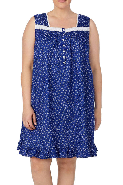 Eileen West PLUS Eyelet Trim Printed Cotton Knit Nightgown in Navy