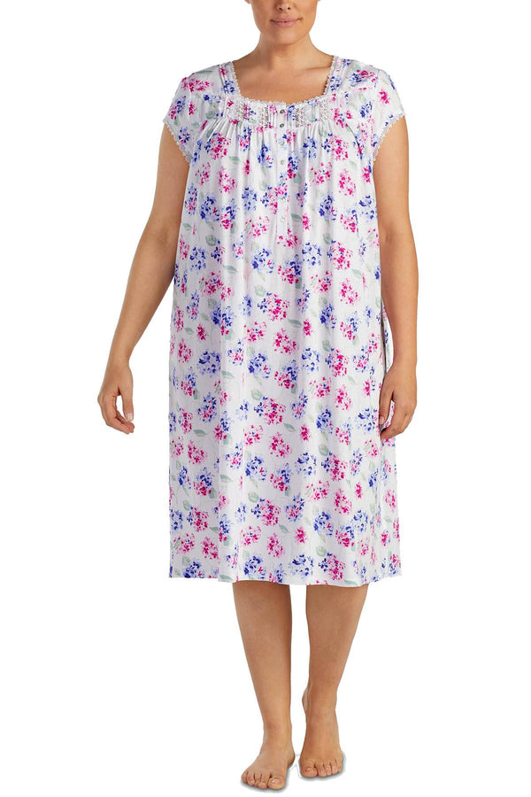 Eileen West PLUS Floral-Print Waltz Lace-Trim Knit Nightgown