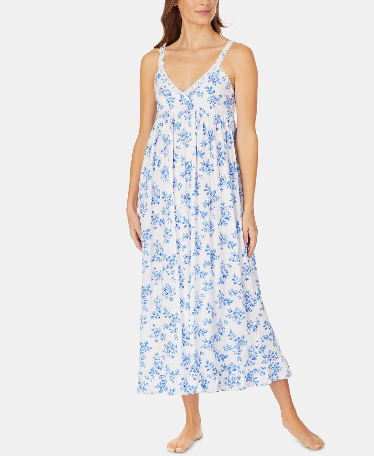 Eileen West Pointelle Knit Ballet Length Nightgown in Blue Floral