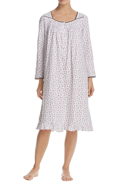 Eileen West White/Red Bud-Printed Long-Sleeve Waltz Nightgown