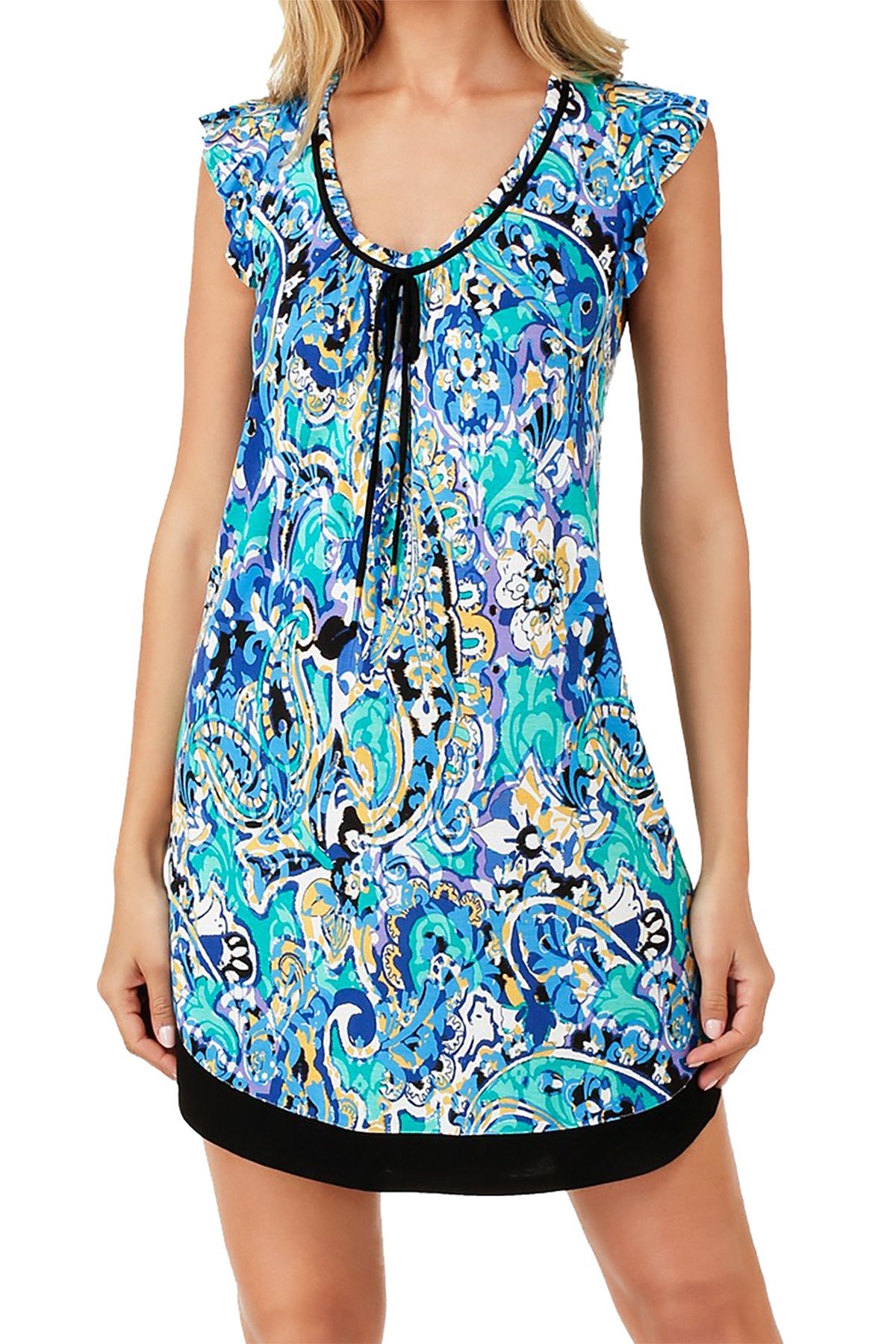 Ellen Tracy Blue/Multi Printed Flutter-Sleeve Chemise