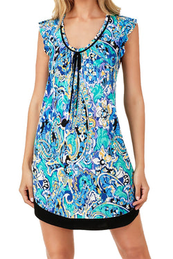 Ellen Tracy Blue/Multi Printed Flutter-Sleeve Chemise thumbnail 2