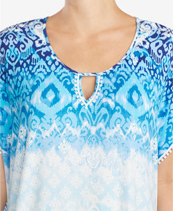 Ellen Tracy Crochet Trim Keyhole Caftan in White/Blue thumbnail 2