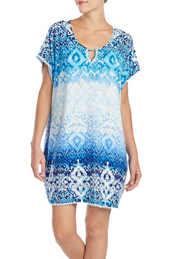 Ellen Tracy Crochet Trim Keyhole Caftan in White/Blue thumbnail 1