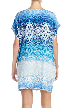 Ellen Tracy Crochet Trim Keyhole Caftan in White/Blue thumbnail 3