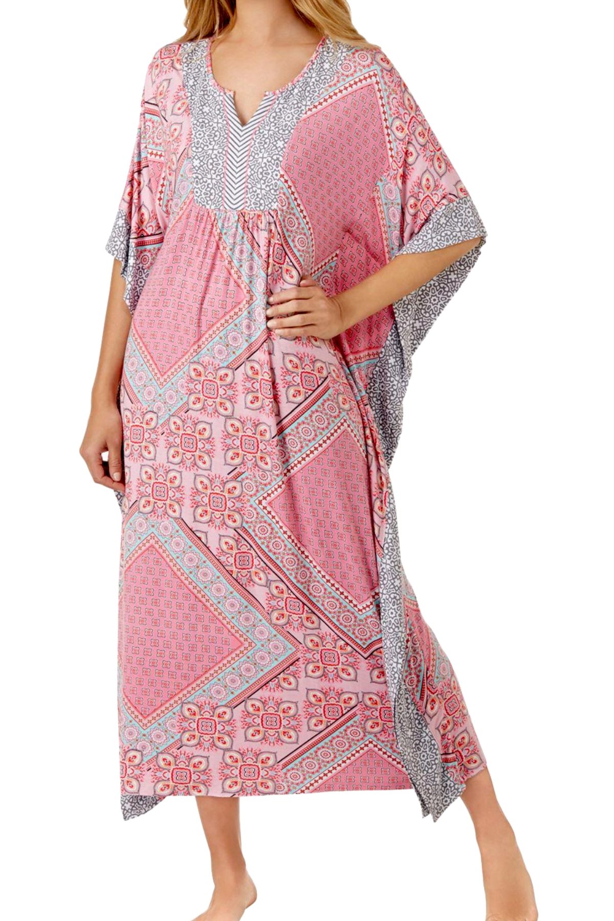 Ellen Tracy PLUS Pink/Contrast-Trim Caftan