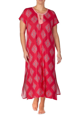 Ellen Tracy PLUS Printed Pom Pom Trim Caftan in Pink thumbnail 1