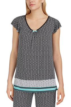 Ellen Tracy PLUS Printed Ruffle Sleeve Top in Black/Turquoise thumbnail 1