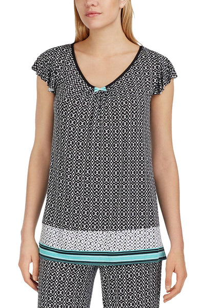 Ellen Tracy PLUS Printed Ruffle Sleeve Top in Black/Turquoise