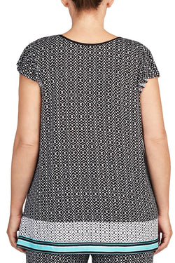 Ellen Tracy PLUS Printed Ruffle Sleeve Top in Black/Turquoise thumbnail 3