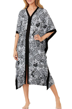 Ellen Tracy Zip Front Printed Caftan in White Grid thumbnail 1