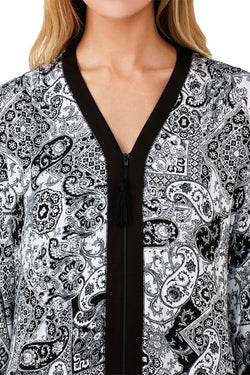 Ellen Tracy Zip Front Printed Caftan in White Grid thumbnail 3