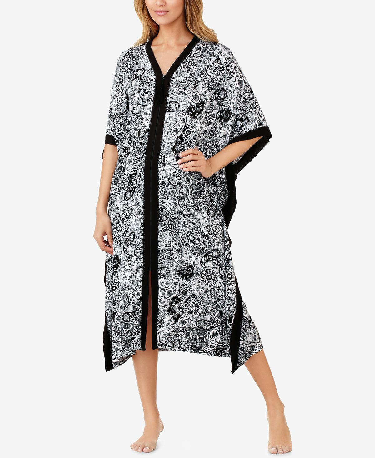 Ellen Tracy Zip-front Printed Caftan White Grid