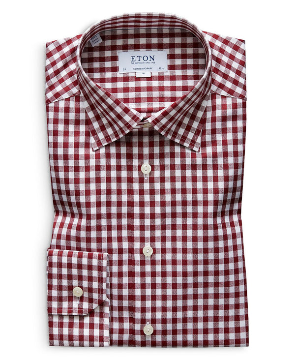 Eton Brushed Gingham Regular Fit Dress Shirt Burgundy