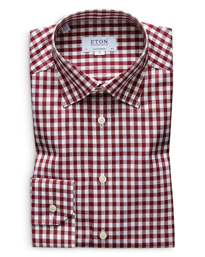 Eton Brushed Gingham Regular Fit Dress Shirt Burgundy