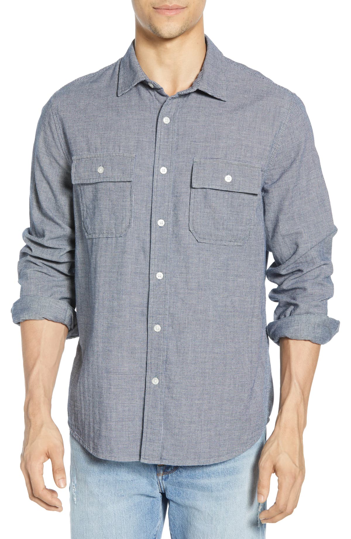 FRAME Men's Frame Classic Fit Houndstooth Sport Shirt Blue