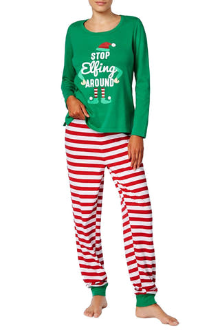 Family PJs Green/Red Striped Elfing Around 2pc Pajama Set