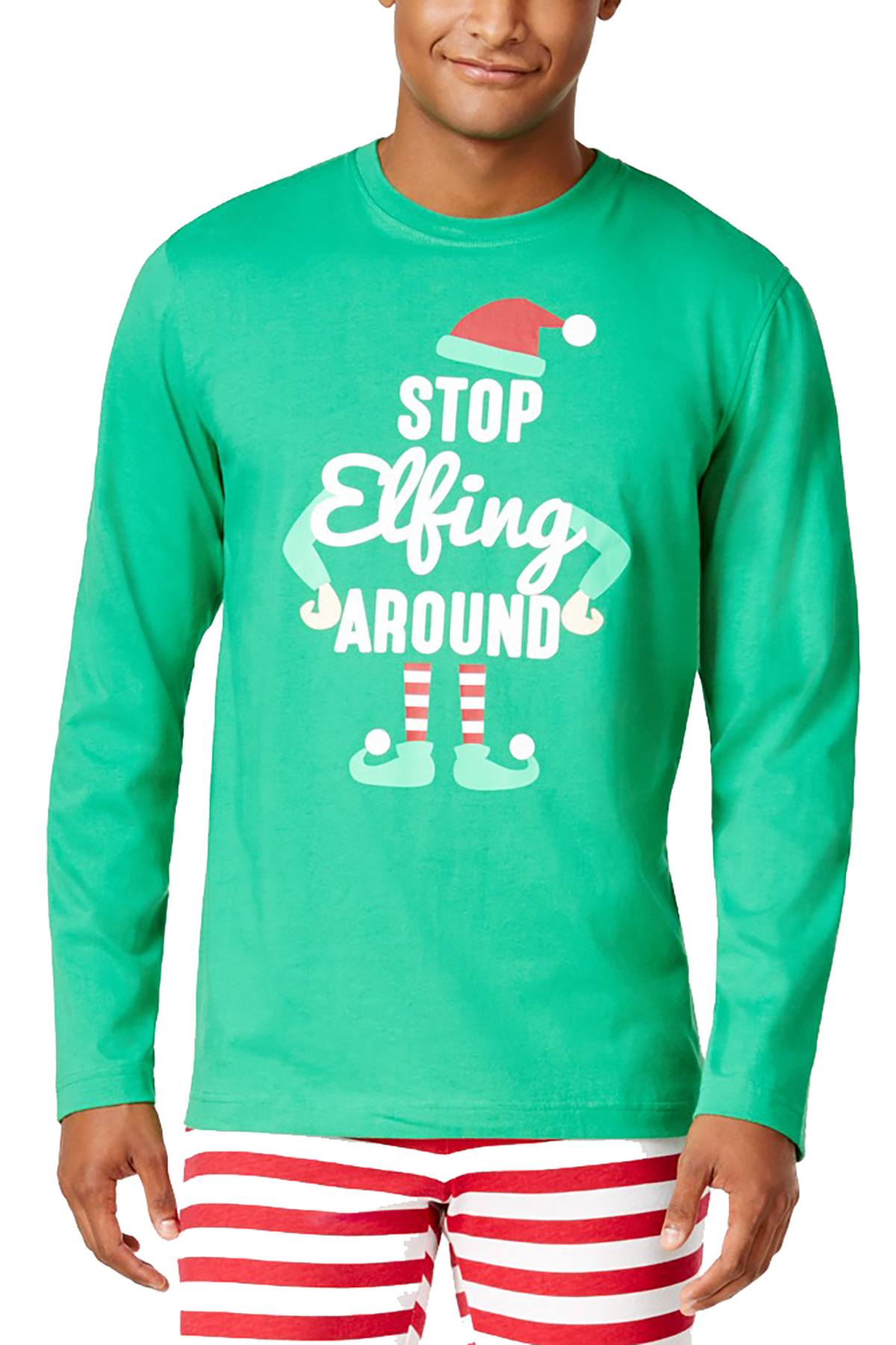Family PJs Men Green Elfing Around Long Sleeve Tee