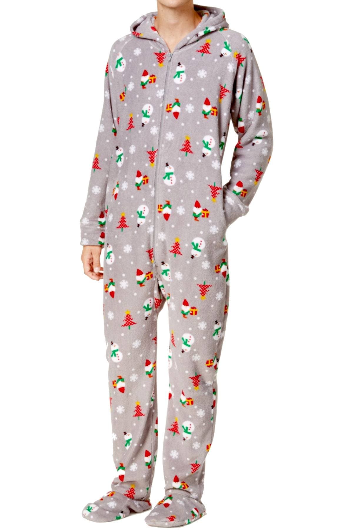 Family PJs Men Grey/Multi Happy Gnomes Holiday Hooded/Footed Pajamas
