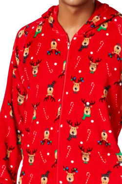 Family PJs Men Hooded Footed Pajama Onesie in Reindeer Red thumbnail 2