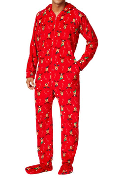Family PJs Men Hooded Footed Pajama Onesie in Reindeer Red thumbnail 1
