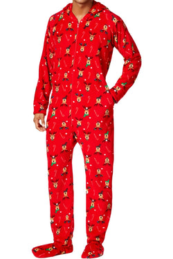 Family PJs Men Hooded Footed Pajama Onesie in Reindeer Red thumbnail 3