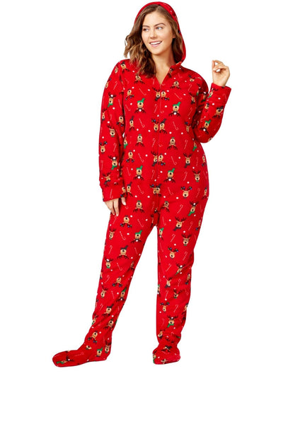 Family PJs PLUS Red/Reindeer Holiday Hooded/Footed Pajama Jumpsuit