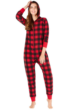 Family PJs Women's Holiday Hooded Onesie in Buffalo Check thumbnail 1