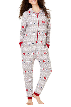 Family PJs Women's Holiday Hooded Onesie in Polar Bear Grey thumbnail 1