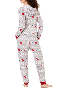 Family PJs Women's Holiday Hooded Onesie in Polar Bear Grey thumbnail 2
