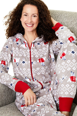 Family PJs Women's Holiday Hooded Onesie in Polar Bear Grey thumbnail 3