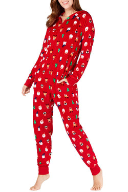 Family PJs Women's Holiday Hooded Onesie in Santa and Friends thumbnail 1