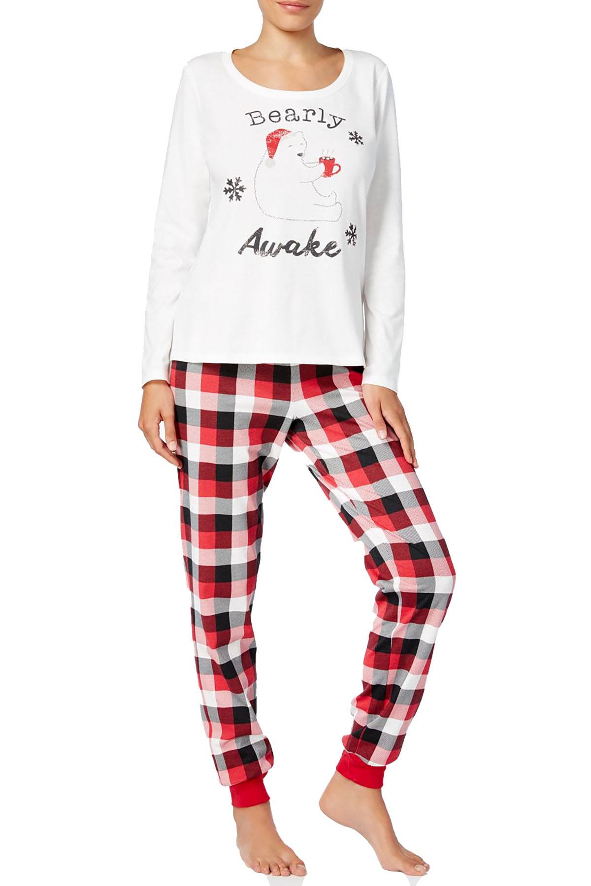 Family PJs Women's Winter Pajama Set in Bearly Awake White/Buffalo Plaid
