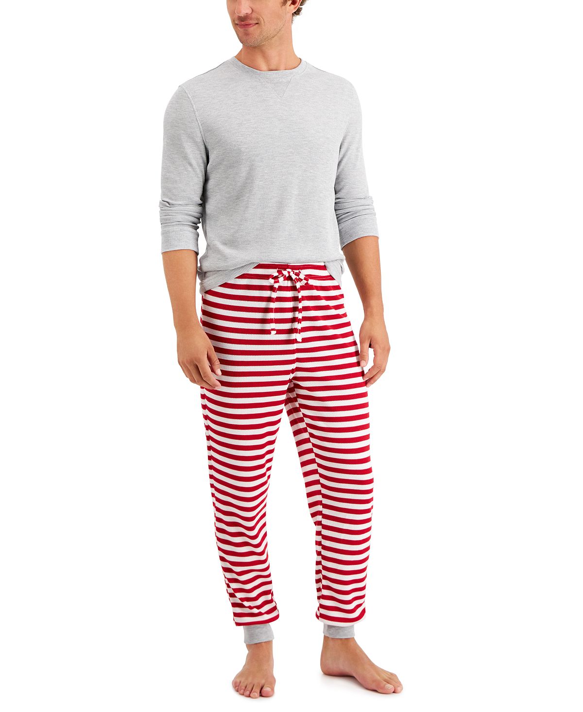 Family Pajamas Matching Solid Top & Striped Pants Thermal Family Pajama Set Red Stripe