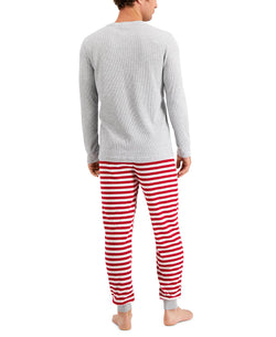 Family Pajamas Matching Solid Top & Striped Pants Thermal Family Pajama Set Red Stripe thumbnail 2