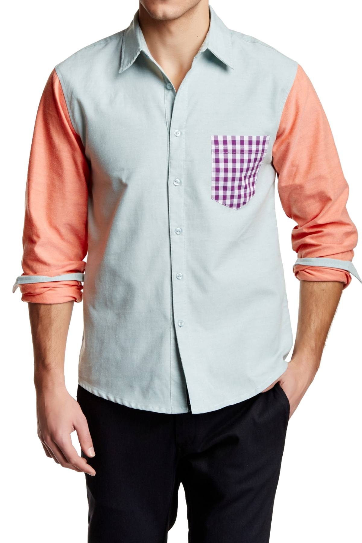 Filthy Etiquette Green/Salmon Robert Color-Block Button-Up