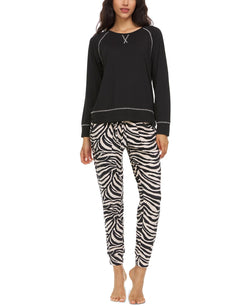 Flora By Flora Nikrooz Audrey Solid T-shirt & Printed Velour Pajama Pants Set Black thumbnail 1