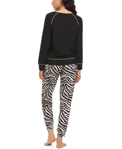 Flora By Flora Nikrooz Audrey Solid T-shirt & Printed Velour Pajama Pants Set Black thumbnail 2