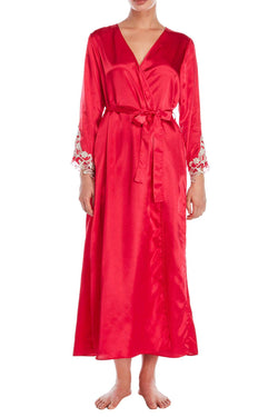 Flora By Flora Nikrooz Crimson Lace Trim Stella Charmeuse Long Robe thumbnail 1