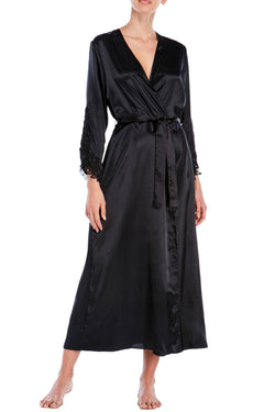Flora By Flora Nikrooz PLUS Stella Satin Venise Lace Trim Long Robe in Black thumbnail 1