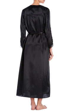 Flora By Flora Nikrooz PLUS Stella Satin Venise Lace Trim Long Robe in Black thumbnail 3