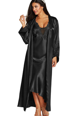 Flora By Flora Nikrooz PLUS Stella Satin Venise Lace Trim Long Robe in Black thumbnail 2