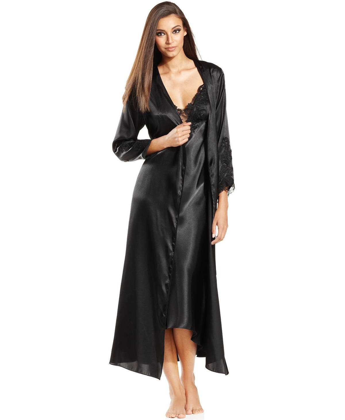 Flora By Flora Nikrooz Stella Satin Venise Lace Trim Long Robe in Black