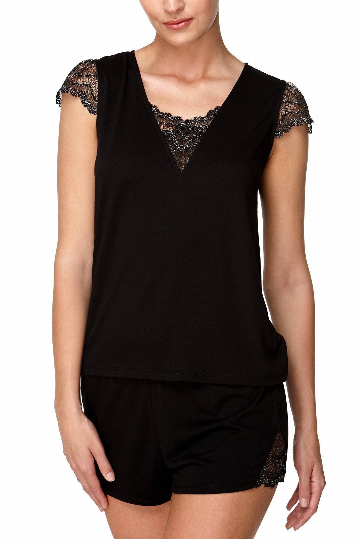 Flora by Flora Nikrooz Black Kat Lace-Trimmed Knit Top & Short PJ Set