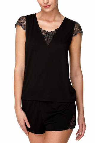Flora by Flora Nikrooz Black Kat Lace-Trimmed Knit Top & Short PJ Set