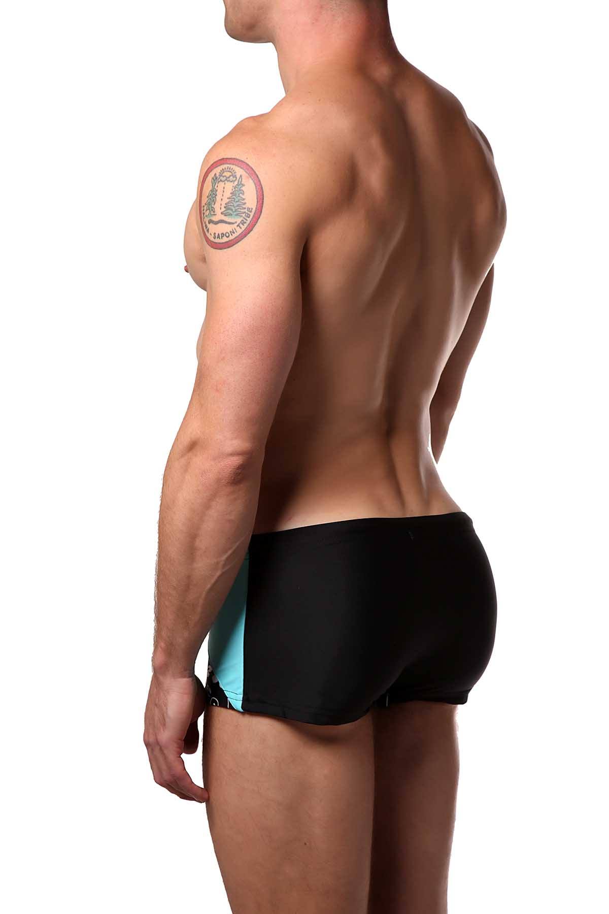 Freedom Reigns Aqua/Black Hawaiian-Print Aloha Square-Cut Swim Brief