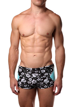 Freedom Reigns Aqua/Black Hawaiian-Print Aloha Square-Cut Swim Brief thumbnail 2