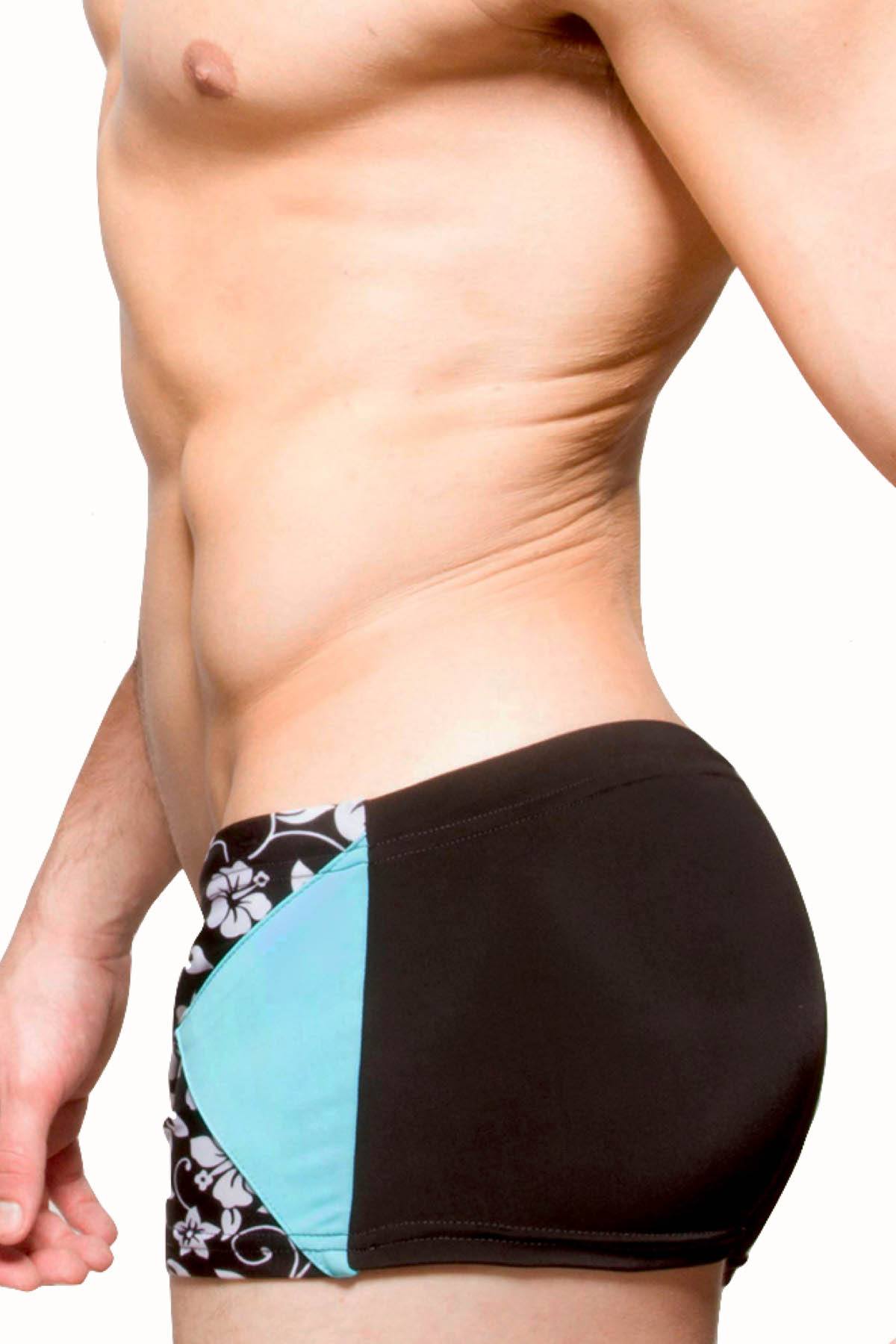 Freedom Reigns Aqua/Black Hawaiian-Print Aloha Square-Cut Swim Brief