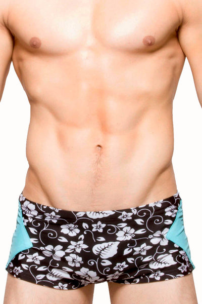 Freedom Reigns Aqua/Black Hawaiian-Print Aloha Square-Cut Swim Brief